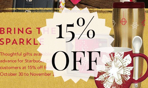 15% off Starbucks Christmas items from Oct. 30 – Nov. 2, 2014